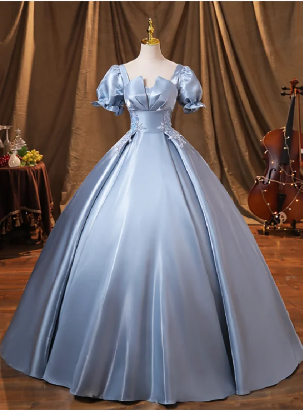 Wrap DressBlue Satin Square Puff Sleeve Appliques Quinceanera Dress
