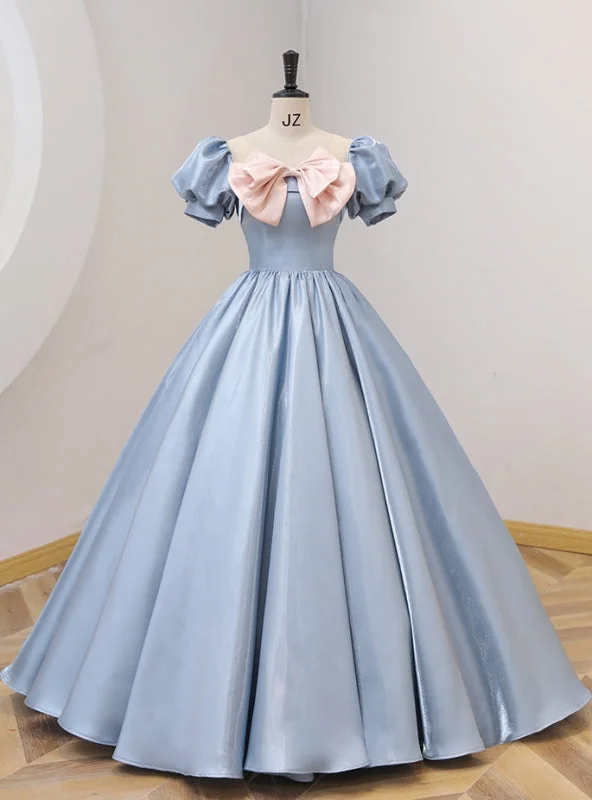 Prom DressBlue Puff Sleeve Pink Bow Quinceanera Dress