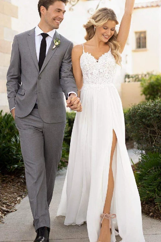 Peplum Hem DressSpaghetti Straps Lace Chiffon Long Flowy Beach Wedding Dresses
