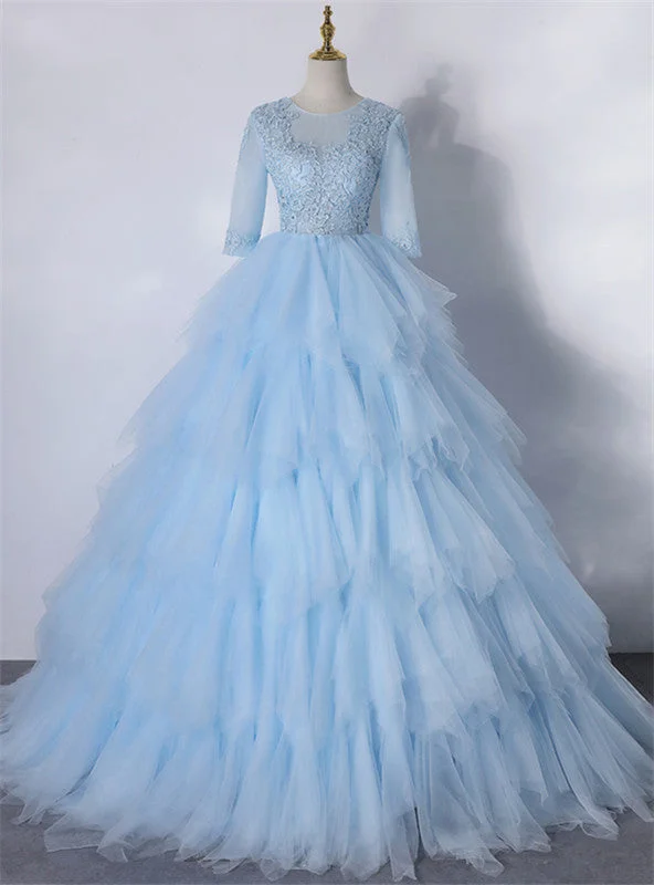 women's flowy dressesBlue Tulle Tulle Short Sleeve Appliques Quinceanera Dress
