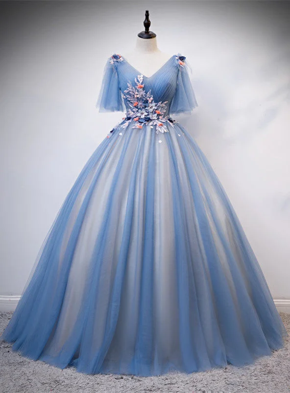 women's plus-size dressesBlue Tulle V-neck Appliques Pleats Short Sleeve Quinceanera Dress