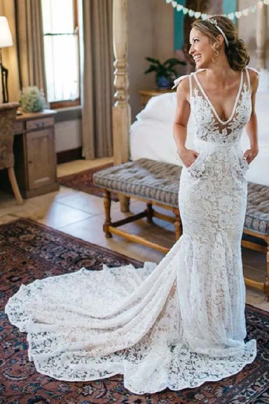 women's satin dressesMermaid Deep V-Neck Sleeveless Ruched Lace Beach Wedding Dresses