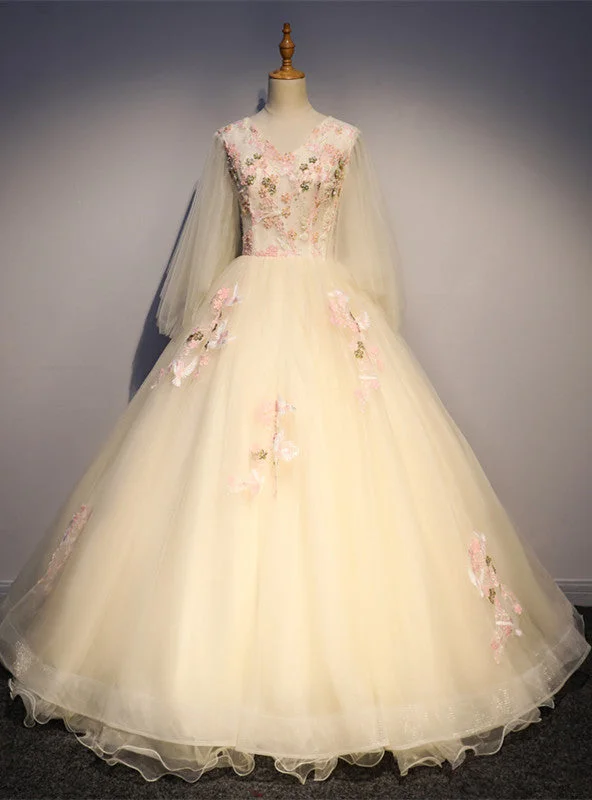 women's ruffle dressesChampagne Tulle V-neck Long Sleeve Appliques Beading Quinceanera Dress