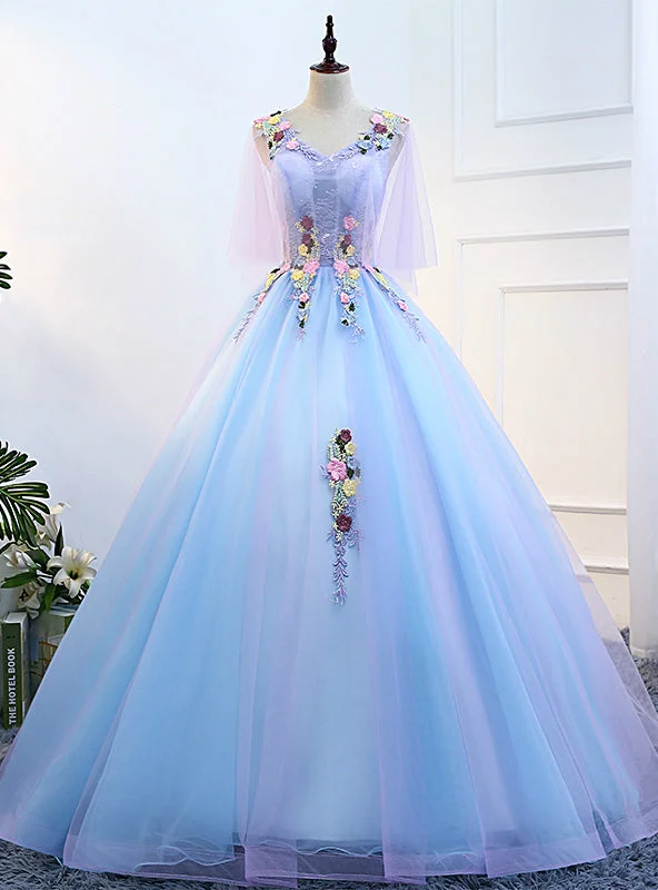 women's travel dressesBlue V-neck Tulle Appliques Beading Floor Length Quinceanera Dresses
