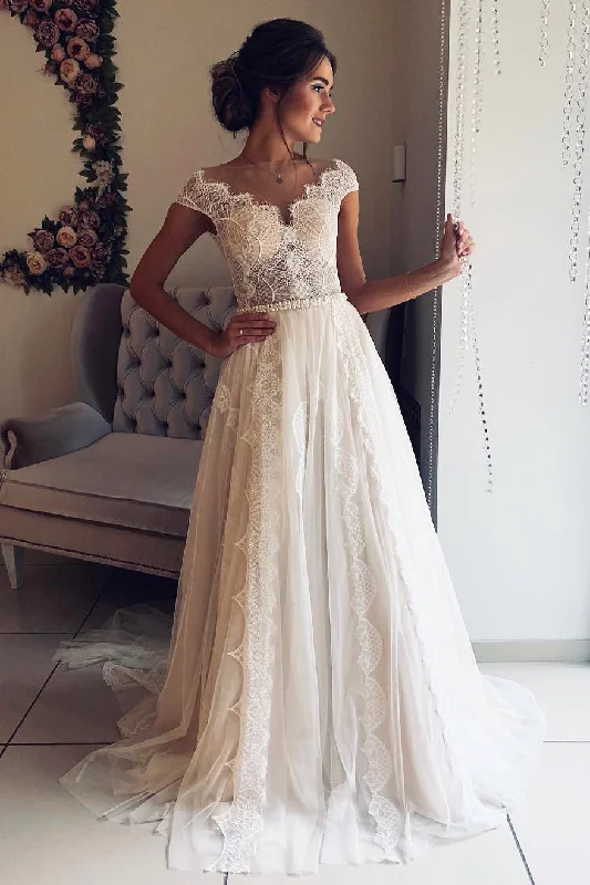 women's tall dressesA Line Scalloped-Edge Lace Wedding Dresses with Sheer Back