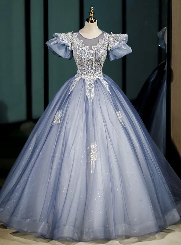 Peplum Hem DressBlue Tulle Puff Sleeve Backless Beading Quinceanera Dress