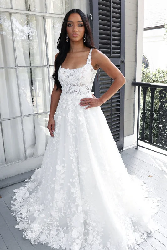 Polka-Dot DressCharming A Line Square Neck Tulle Long Wedding Dresses with Lace N102