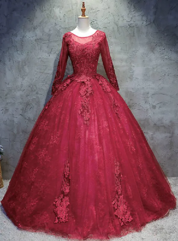 Organza DressFor This Year Biggest Dance Burgundy Ball Gown Long Sleeve Appliques Beading Quinceanera Dress