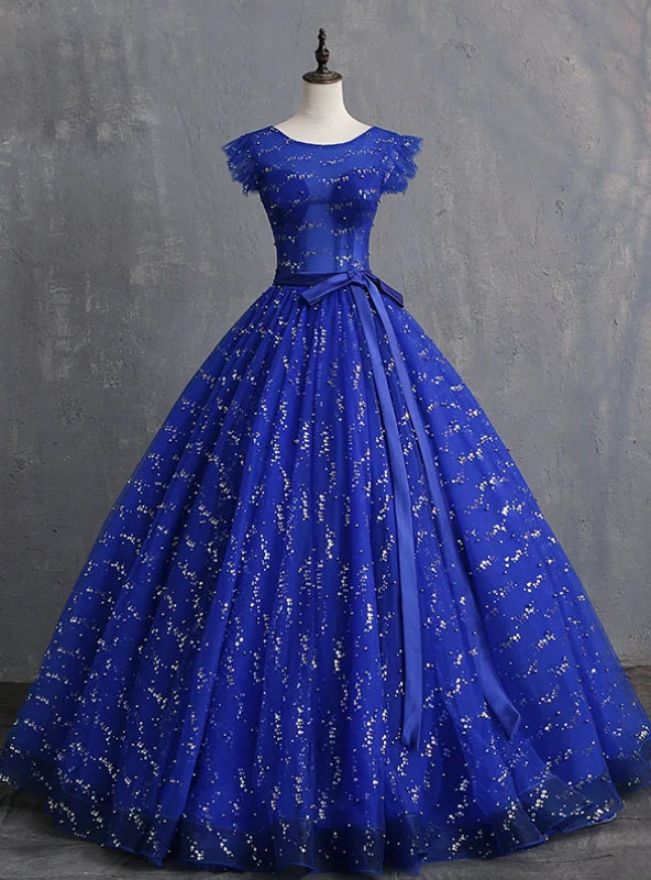 women's lightweight dressesBlue Ball Gown Tulle Sequins Open Back Quinceanera Dresses With Sash