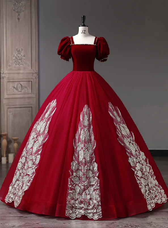 Silk DressBurgundy Tulle Velvet Short Sleeve Quinceanera Dress