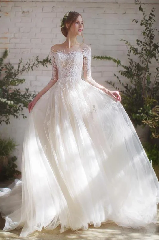 women's sheath dressesRomantic 3/4 Sleeves Illusion Neckline Lace Appliqued Wedding Dresses N2555