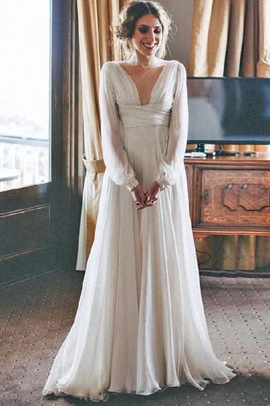 women's vintage dressesElegant Chiffon Beach Wedding Dresses with Long Sleeves