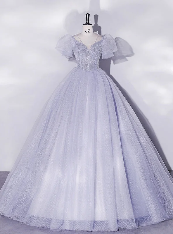 women's A-line dressesBlue Tulle Sequins Puff Sleeve Quinceanera Dress