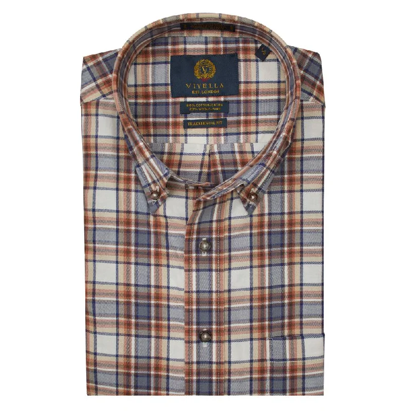 Men's Polo Shirts for Sports and Casual WearShiitake, Grey, and Rust Plaid Cotton and Wool Blend Button-Down Shirt by Viyella Men's Polo Shirts for Sports and Casual WearShiitake, Grey, and Rust Plaid Cotton and Wool Blend Button-Down Shirt by Viyella