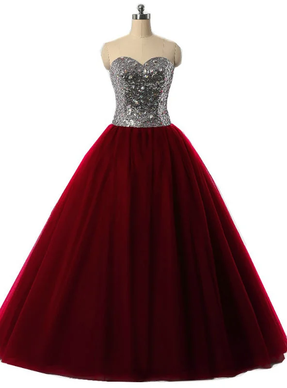women's glam dressesBurgundy Ball Gown Sweetheart Tulle Sequins Quinceanera Dresses