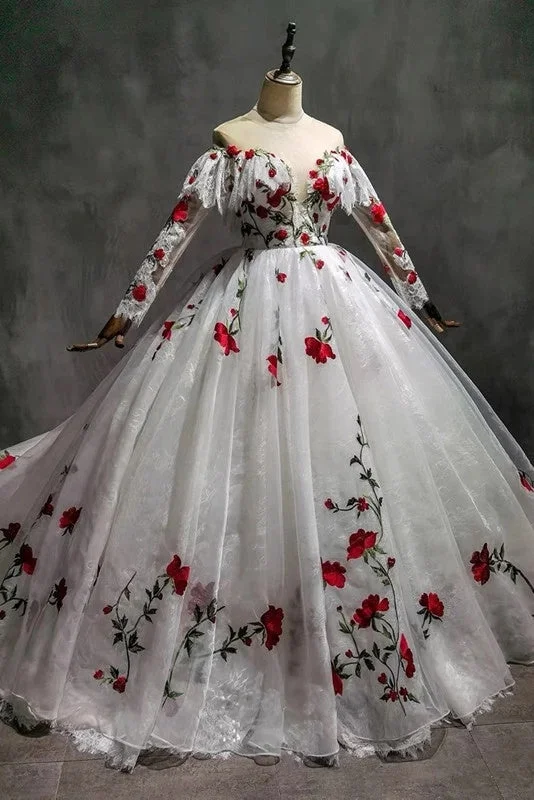 Cold-Shoulder DressNewest Off The Shoulder Long Sleeves Lace Ball Gown Wedding Dresses Princess Dresses Y0165