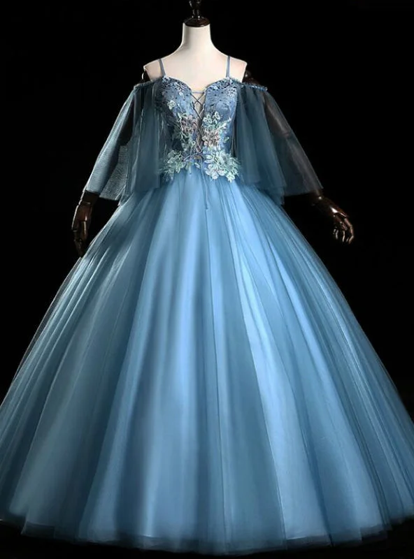 women's flowy dressesCheck Out Entire Collection Blue Ball Gown Spaghetti Straps Appliques Beading Quinceanera Dress