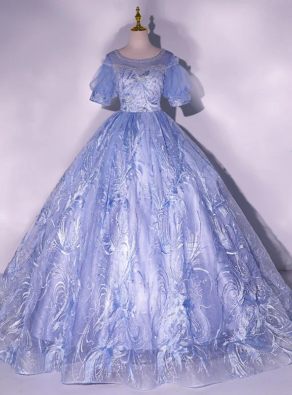 Ribbon DressBlue Tulle Lace Short Sleeve Backless Beading Quinceanera Dress