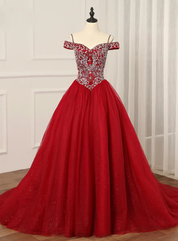 women's designer dressesBurgundy Off the Shoulder Tulle Ball Gown Crystal Quinceanera Dress