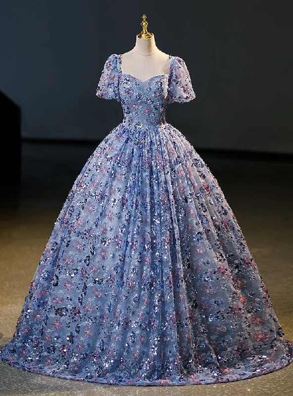 Long-Sleeve DressBlue Sequins Square Short Sleeve Quinceanera Dress