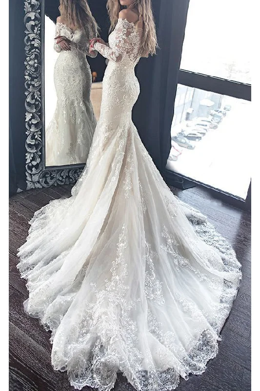 women's breathable dressesGorgeous Off The Shoulder Long Sleeve Lace Mermaid Wedding Dresses