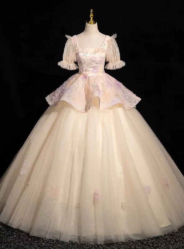 women's short-sleeved dressesChampagne Tulle Square Neck Short Sleeve Flower Quinceanera Dress