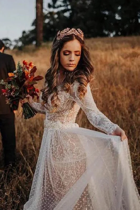 Silk DressUnique V-Neck Long Sleeve Backless Lace Boho Wedding Dresses