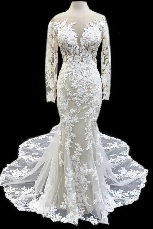 Wrap DressCharming Mermaid Long Sleeves Scoop Neckline Lace Wedding Dresses Y0178