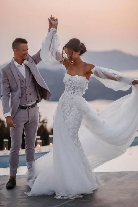 Jersey DressMermaid Strapless Lace Beach Wedding Dresses with Detachable Train N108