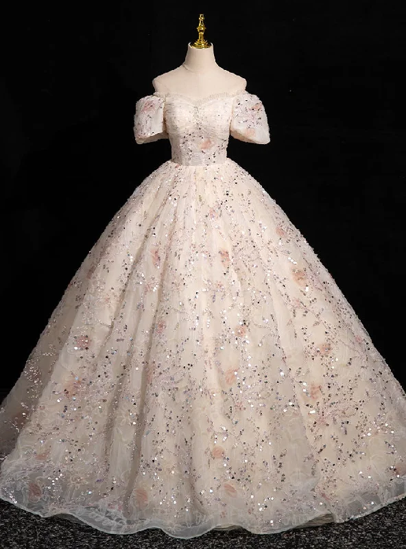 Spaghetti Strap DressChampagne Sequins Puff Sleeve Pleats Quinceanera Dress