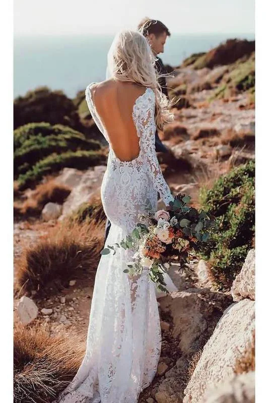 women's petite dressesMermaid V-Neck Boho Long Sleeve Lace Beach Wedding Dress