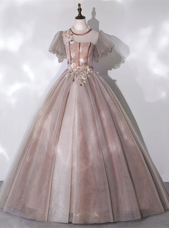 Crepe DressCamel Tulle Appliques Puff Sleeve Backless Quinceanera Dress