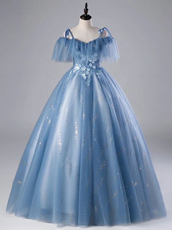 women's lace dressesBlue Tulle Sequins Spaghetti Straps Appliques Quinceanera Dress