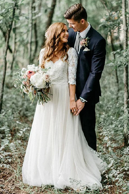 women's off-the-shoulder dressesA Line V-Neck Half Sleeves Backless Tulle Wedding Dresses with Lace Appliques N2498