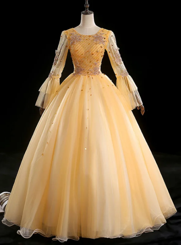 Velvet DressFor Your Big Night Gold Ball Gown Tulle Long Sleeve Beading Quinceanera Dress