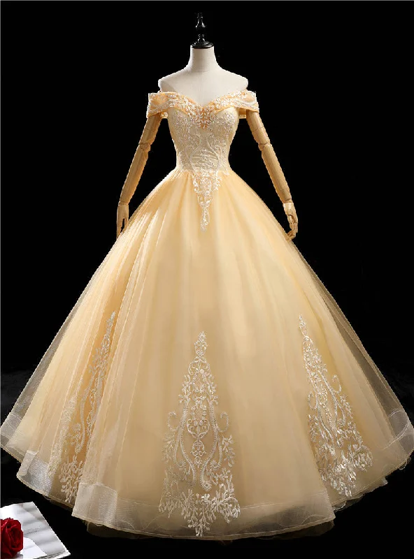 Statement DressGold Tulle Off the Shoulder Beading Appliques Quinceanera Dress