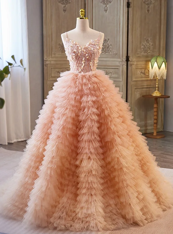 women's flutter-sleeved dressesChampagne Tulle Tiers Sequins Quinceanera Dress