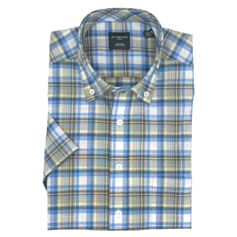 Men's Limited Edition Shirts for ExclusivitySage and Blue Multi Plaid Short Sleeve No-Iron Cotton Sport Shirt with Button Down Collar by Leo Chevalier Men's Limited Edition Shirts for ExclusivitySage and Blue Multi Plaid Short Sleeve No-Iron Cotton Sport Shirt with Button Down Collar by Leo Chevalier