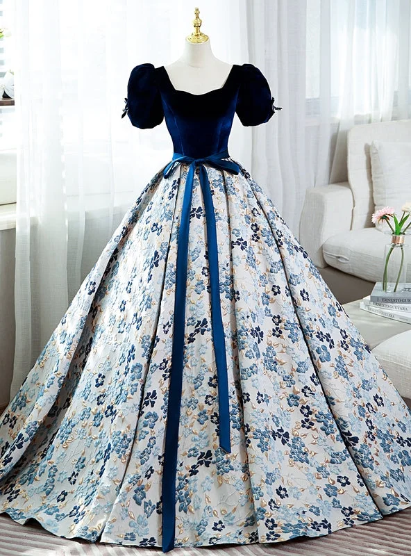 women's smart casual dressesBlue Velvet Puff Sleeve Quinceanera Dress