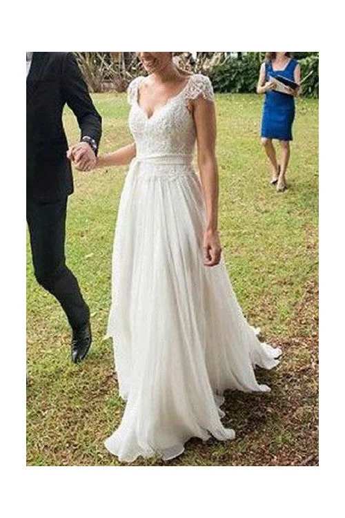Casual DressA Line Ivory V-Neck Cap Sleeves Lace Chiffon Beach Wedding Dresses N09