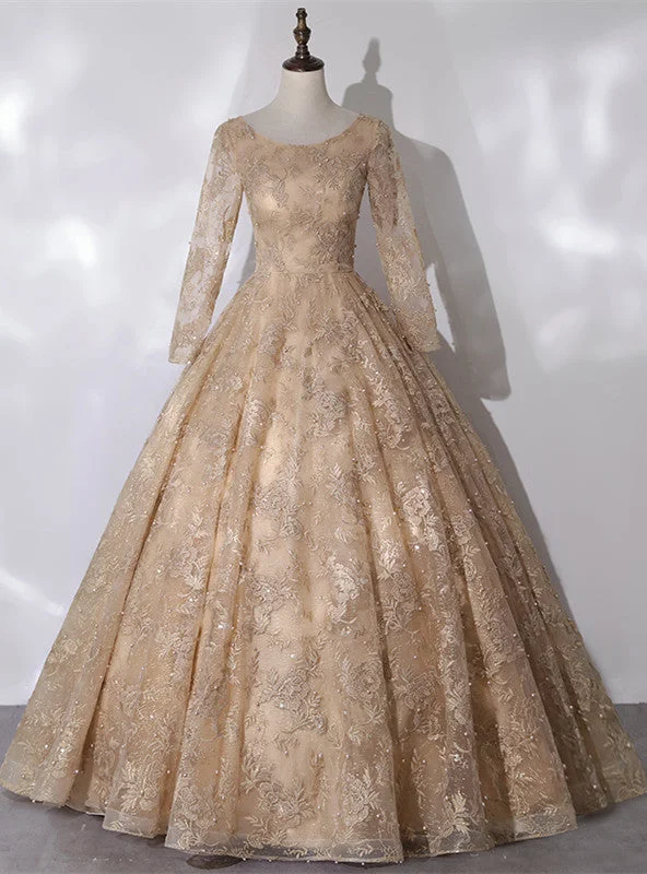 women's designer dressesDark Champagne Tulle Embroidery Long Sleeve Quinceanera Dress