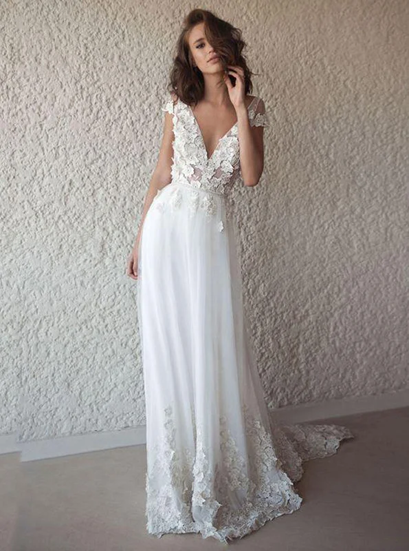 Asymmetric DressA-line V-neck Cap Sleeves Chiffon Beach Wedding Dress With Appliques OW548 Asymmetric DressA-line V-neck Cap Sleeves Chiffon Beach Wedding Dress With Appliques OW548