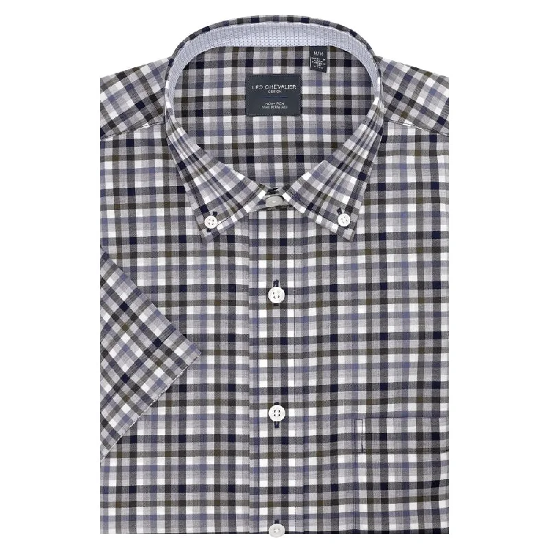 Men's Patterned Dress Casual Shirts for Smart-Casual EventsMoss, Navy, and Grey Plaid Short Sleeve No-Iron Cotton Sport Shirt with Button Down Collar by Leo Chevalier Men's Patterned Dress Casual Shirts for Smart-Casual EventsMoss, Navy, and Grey Plaid Short Sleeve No-Iron Cotton Sport Shirt with Button Down Collar by Leo Chevalier