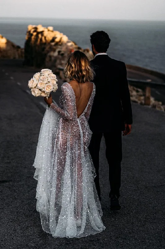 Formal DressSparkly See Through V Neck Long Sleeves Sequins Wedding Dresses N139