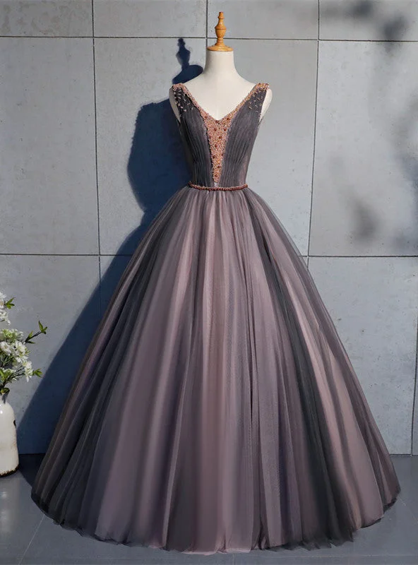 women's work dressesCoffee Tulle V-nek Pleats Beading Pleats Quinceanera Dress