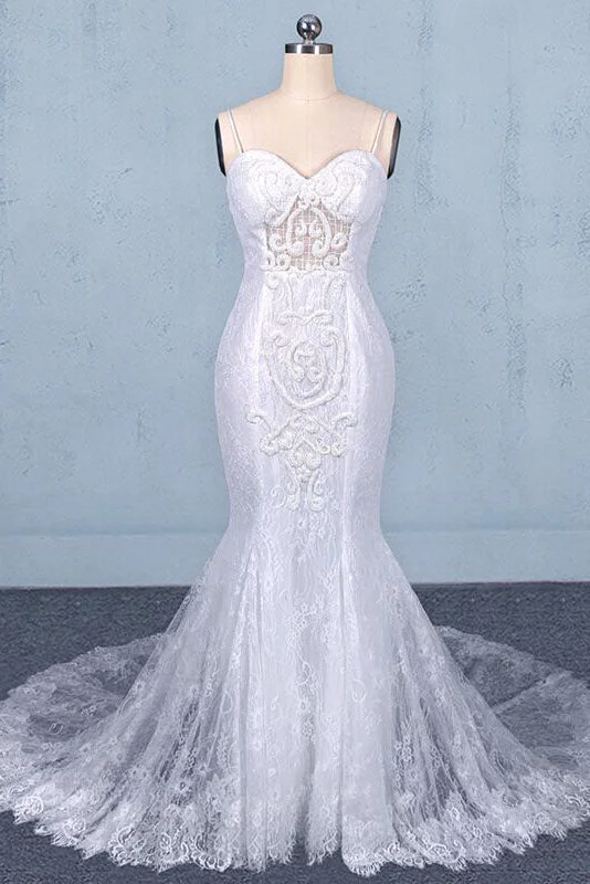 Formal DressSpaghetti Straps Mermaid Bridal Dresses with Appliques Lace Beach Wedding Dresses N2295