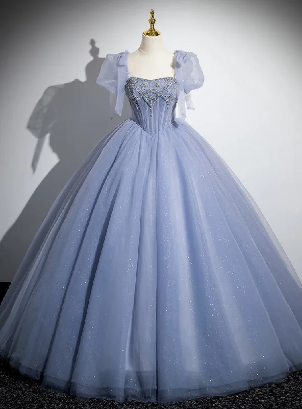 Asymmetric DressBlue Tulle Puff Sleeve Beading Princess Quinceanera Dress