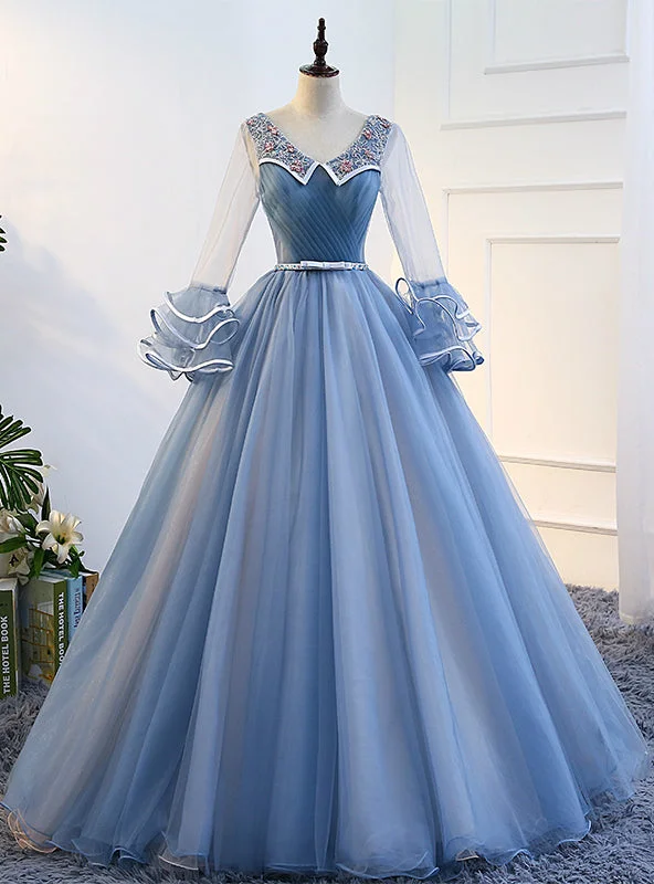 women's limited-edition dressesBlue Long Sleeve Tulle Pleats Beading Quinceanera Dresses