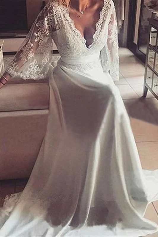 women's statement dressesRomantic Boho V Neck Lace Appliques Chiffon Long Beach Wedding Dresses with Sash N629