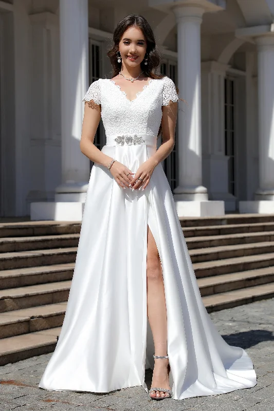 Party DressMinimalist Satin A Line Short Sleeve Wedding Dress with Belt